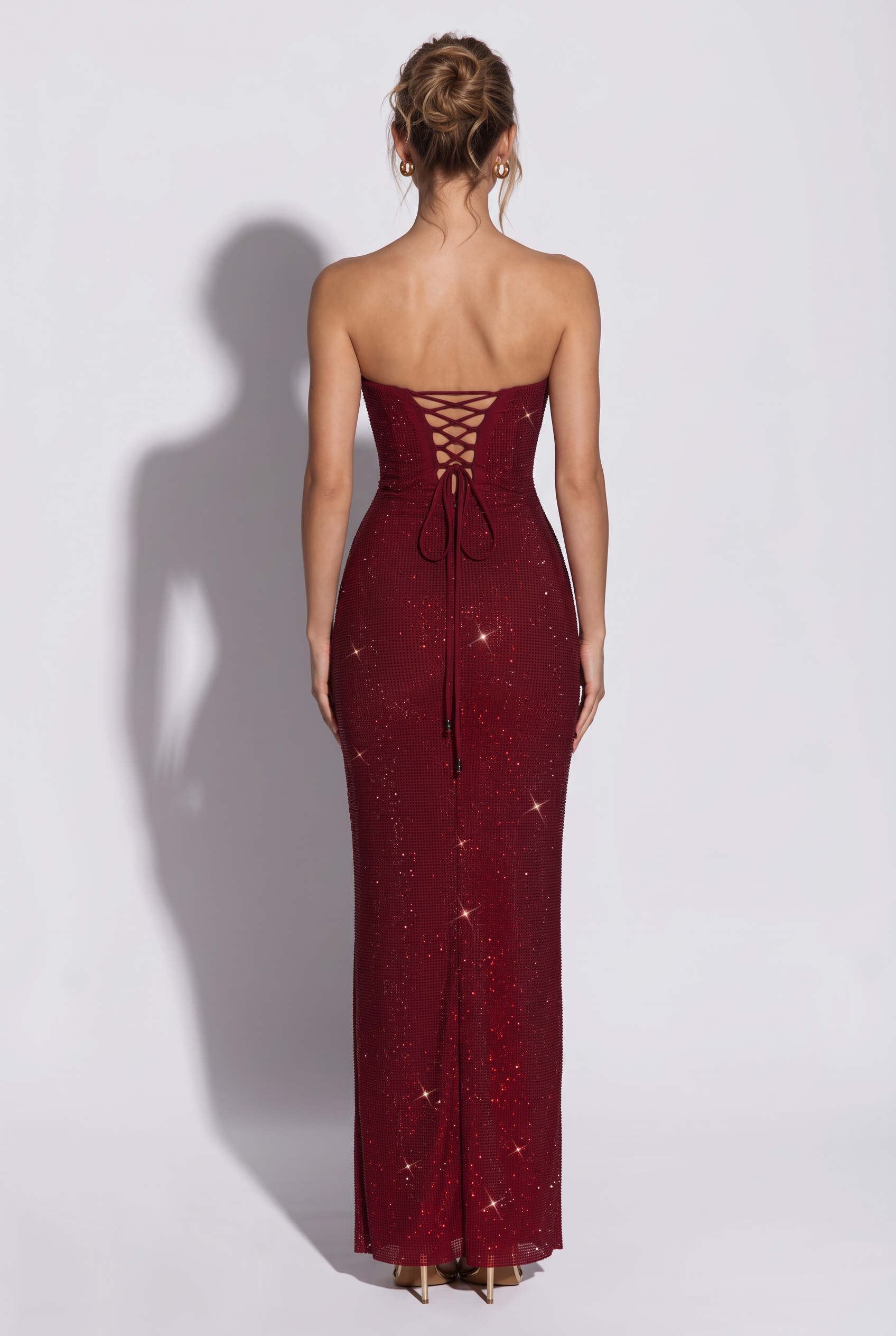 Hedy Burgundy Rhinestones Strapless Maxi Dress